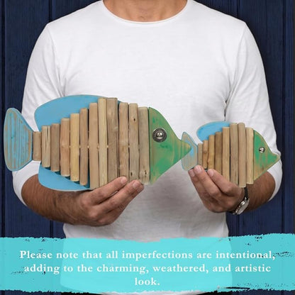 2-Piece Driftwood Fish Nautical Wall Decor - Handmade Wooden Rustic Coastal Wall Art for Living Room, Bedroom, Office, Bathroom - Ocean Beach Decoration (Specter)