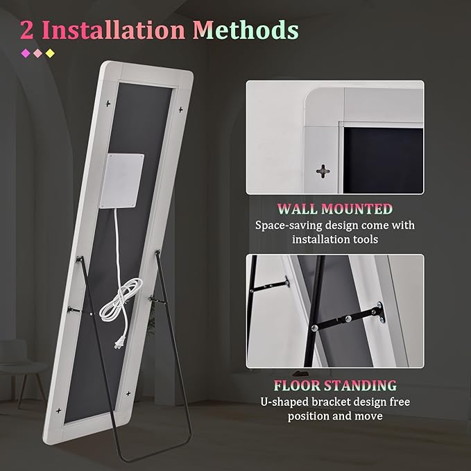RGB LED Full Length Mirror, 63"x20" Floor Full Body Standing Mirror with 7-Color Changing RGB Lights with Remote & Touch Control, Dimmable Lighted for Gaming Room, Living Room