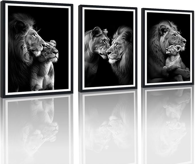 Black White Lion Family Framed Canvas Wall Art Set of 3 Majestic Lion Pride Decor for Office Nursery Living Room Bedroom African Wildlife Animals Print Artwork Wall Decor Easy to Hand 12x16inchx3pcs