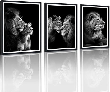 Black White Lion Family Framed Canvas Wall Art Set of 3 Majestic Lion Pride Decor for Office Nursery Living Room Bedroom African Wildlife Animals Print Artwork Wall Decor Easy to Hand 12x16inchx3pcs