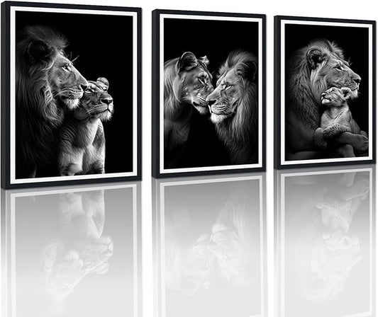 Black White Lion Family Framed Canvas Wall Art Set of 3 Majestic Lion Pride Decor for Office Nursery Living Room Bedroom African Wildlife Animals Print Artwork Wall Decor Easy to Hand 12x16inchx3pcs