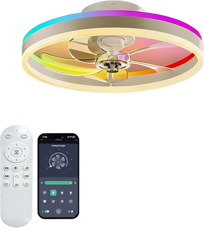 RGBCW 20" Flush Mount Low Profile Smart Ceiling Fan with Light, App & Remote Control, 6 Speeds Reversible, 3CCT Dimmable LED Bladeless Fandelier Quiet DC Motor for Bedroom Living Room