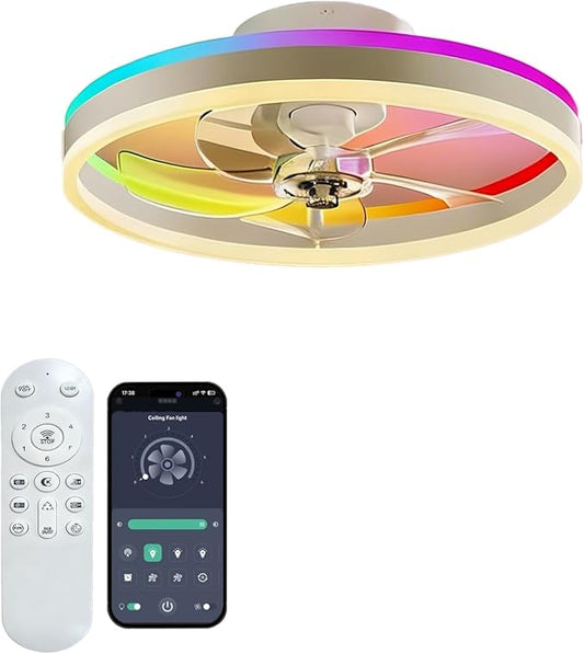 RGBCW 20" Flush Mount Low Profile Smart Ceiling Fan with Light, App & Remote Control, 6 Speeds Reversible, 3CCT Dimmable LED Bladeless Fandelier Quiet DC Motor for Bedroom Living Room