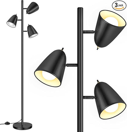 QiMH Tree Floor Lamp with 3 Light Bulbs, Standing Tall Pole Lamps for Living Room Bedroom Office, Reading Stand up Lamps with 3 Adjustable Arms, Black