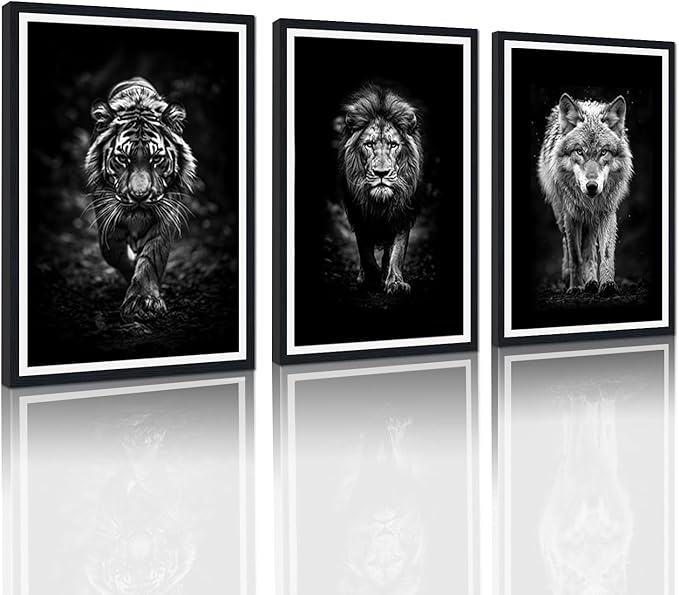 Tiger Lion Wolf Walking Framed Canvas Wall Art Ferocity Wildlife Animals Poster Wall Decor for Country Living Room Office Modern Black White Animal Artwork Decoration Easy to Hand 24x36inchx3pcs