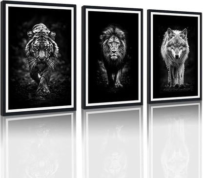 Tiger Lion Wolf Walking Framed Canvas Wall Art Ferocity Wildlife Animals Poster Wall Decor for Country Living Room Office Modern Black White Animal Artwork Decoration Easy to Hand 24x36inchx3pcs