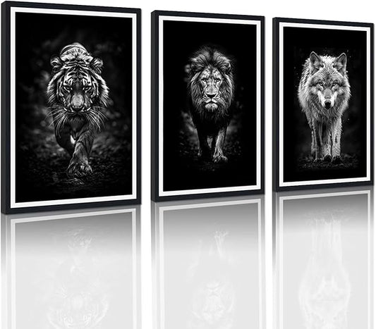 Tiger Lion Wolf Walking Framed Canvas Wall Art Ferocity Wildlife Animals Poster Wall Decor for Country Living Room Office Modern Black White Animal Artwork Decoration Easy to Hand 24x36inchx3pcs
