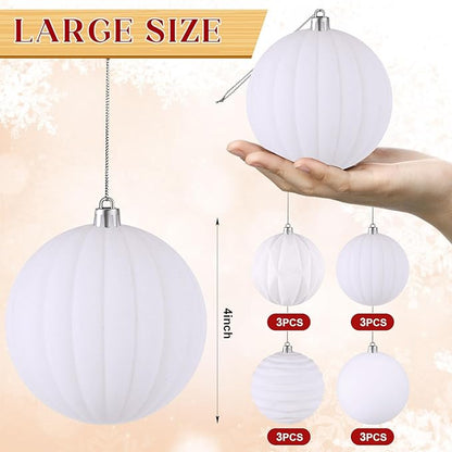 Liliful 12 Pcs Velvet Christmas Ornaments Balls, 4 Inch Flocked Plastic Christmas Tree Ball Shatterproof Hanging Ornaments Decorations for Xmas Tree Vintage Holiday Rustic Home Decor(White)