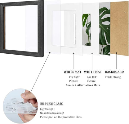 Egofine 8x8 Picture Frames Made of Solid Wood with Plexiglass, Display Pictures 4x4/6x6 with Mat or 8x8 Without Mat Set of 4 for Tabletop and Wall Mounting, Rustic Black