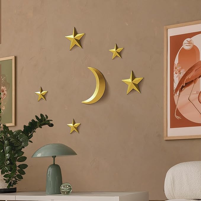 MidModArt 6PCS Mid Century Modern 3D Star Wall Art Gold Retro Starburst Sculptures Vintage Celestial Home Decor, Gold Moon