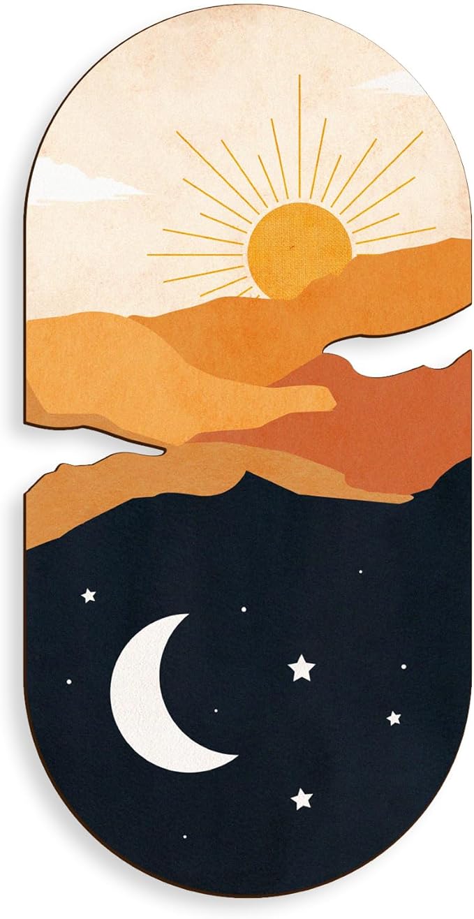 Kas Home Boho Sun and Moon Wall Art Wooden Sunrise Moon Landscapes Nature Wilderness Wall Decor Minimalist Sculpture Hanging Rustic Art Decor For Bedroom Living Room Office(Yellow, 8" x 16")