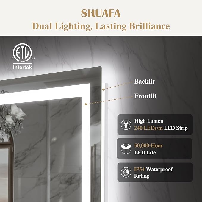 30X36 Inch LED Bathroom Mirror with Lights, Frontlit+ Backlit Bathroom Vanity Mirror for Wall, Ultra-Clear Tempered Glass, Shatter-Proof, Anti-Fog and Memory Function, ETL Listed