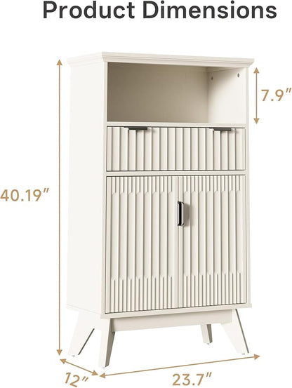Fatmok Buffet Cabinet with Storage, 40" Modern Fluted Coffee Bar Cabinet with Drawer & Open Shelf, Wood Buffet Sideboard Console Table for Entryway, Kitchen, Living Room (White)