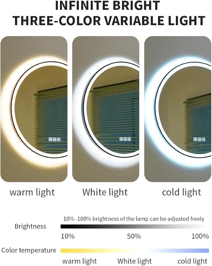 20 inches Round LED Bathroom Mirror with Lights, Anti-Fog, Dimmable, Backlit + Front Lit, Lighted Bathroom Vanity Mirror for Wall, Memory Function, Tempered Glass, Shatter-Proof