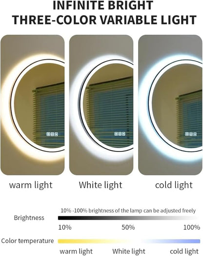 24 inches Round LED Bathroom Mirror with Lights, Anti-Fog, Dimmable, Backlit + Front Lit, Lighted Bathroom Vanity Mirror for Wall, Memory Function, Tempered Glass, Shatter-Proof
