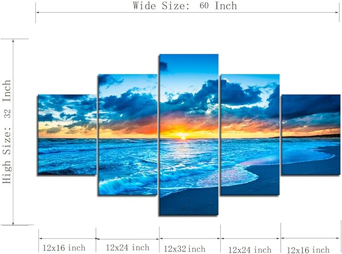 Canvas Painting Beach Ocean Sunrise Modern Landscape Painting on Canvas 5 Piece Print HD Sea View Pictures Giclee Artwork Wall Art for Living Room Home Decor Wooden Framed Stretched (60''W x 32''H)
