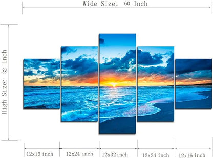 Canvas Painting Beach Ocean Sunrise Modern Landscape Painting on Canvas 5 Piece Print HD Sea View Pictures Giclee Artwork Wall Art for Living Room Home Decor Wooden Framed Stretched (60''W x 32''H)