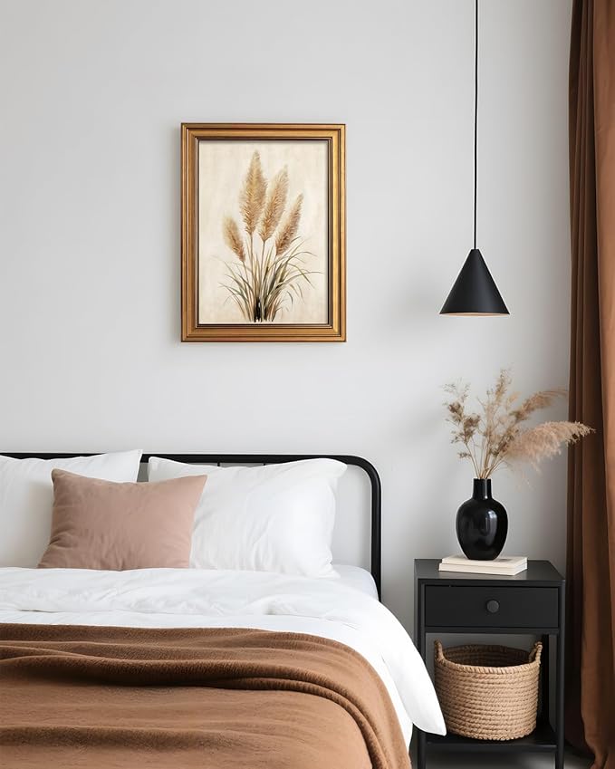 VIYYIEA Vintage Rustic Botanical Bohemian Farmhouse Neutral Wall Art Decor for Living Room Bedroom, Aesthetic Pampas Grass Watercolor Minimalist Pictures,12x16inch,Gold Framed Canvas Prints Paintings