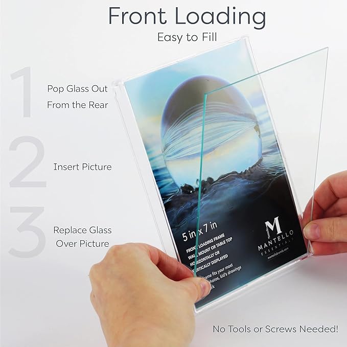Mantello Clear Acrylic Frame - 5x7 Acrylic Picture Frames, Set of 6 - Modern, Minimalist Front-Loading Photo Frame - Wall Mount or Desktop Stand - for Home, Office, or Business Display, 6-Pack
