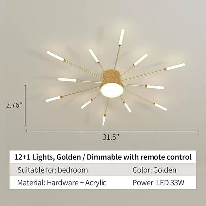 Modern Ceiling Light LED Flush Mount Ceiling Light for Living Room,Kitchen,Bedroom Fireworks Design Dimmable with Remote Control & Memory Function Lighting Fixture (Gold,12 Light)