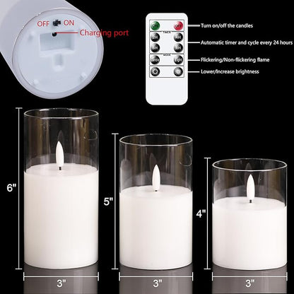 GenSwin Rechargeable Flameless Candles with Remote Timer, Clear LED Battery Operated Candles with Flickering Flame, Glass and Real Wax Pillar Candle Holiday Home Decor(Set of 3, D3”xH4”5”6”)