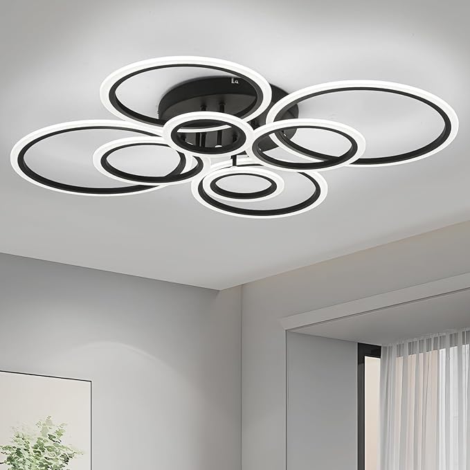 Modern LED Flush Mount Ceiling Light, 8 Rings Black Close to Ceiling Light Fixtures, Living Room Lighting Ceiling Lamp for Dining Room, Bedroom, Kitchen, 4000K Not Dimmable