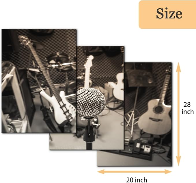 Pacimo 3 Panels Music Artistic Paintings Wall Art The Music of The Band Guitar and Shelf Drum Piano Pictures Print on Canvas for Modern Home Decoration for Living Room Framed Ready to Hang - 20"x28"x3