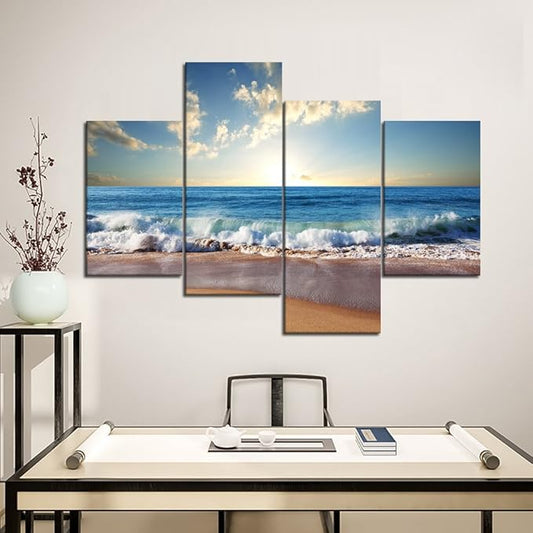 Beautiful Sunrise Beach Ocean Wave Pictures Wall Art for Living Room Home Decor Framed Stretched Modern Landscape Seascape Painting on Canvas 4 PCS Combination (40" W x 28" H)