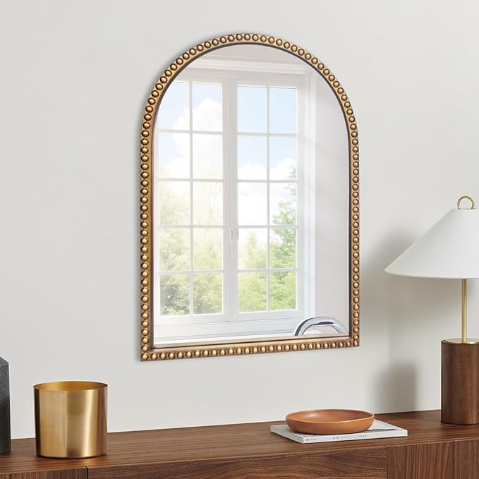 BAODANFU Traditional Arch Mirror for Bathroom, 20" x30" Baroque Antique Gold Marlowe Mirrors Beaded Frame, Decorative Accent Vertical Vanity, Wall Decor Over Mantel Fireplace, Sofa, Entryway