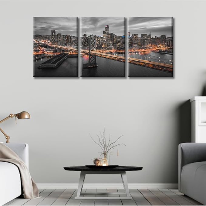TUMOVO 3 Piece American Cityscape Wall Art for Living Room Cityscape View of San Francisco and the Bay Bridge at Night California Wall Decor for Bedroom Framed Ready to Hang (36" Wx16 H)