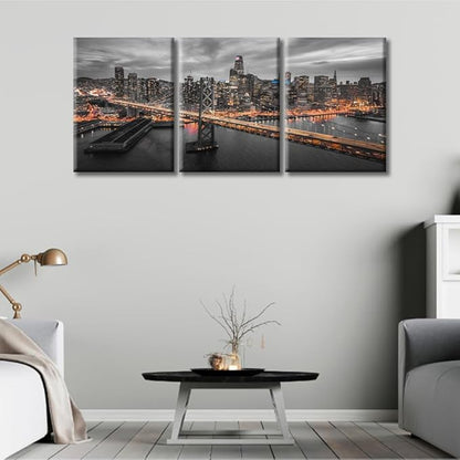 TUMOVO 3 Piece American Cityscape Wall Art for Living Room Cityscape View of San Francisco and the Bay Bridge at Night California Wall Decor for Bedroom Framed Ready to Hang (36" Wx16 H)