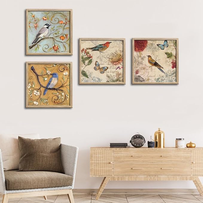 Large Framed Flowers Birds Canvas Wall Art for Bedroom Floral Wall Decor Butterfly Picture Artwork Vintage Prints Paintings for Living Room Bathroom Kitchen Decorations 16"x16"