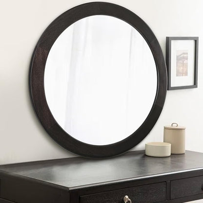 CULER Round Mirrors 30 Inch,Wood Vanity Wall Rustic Mirror with Wood Frame, Wooden Circle Mirror for Bathroom Bedroom Living Room Or Entryway(Dark Walnut Brown)