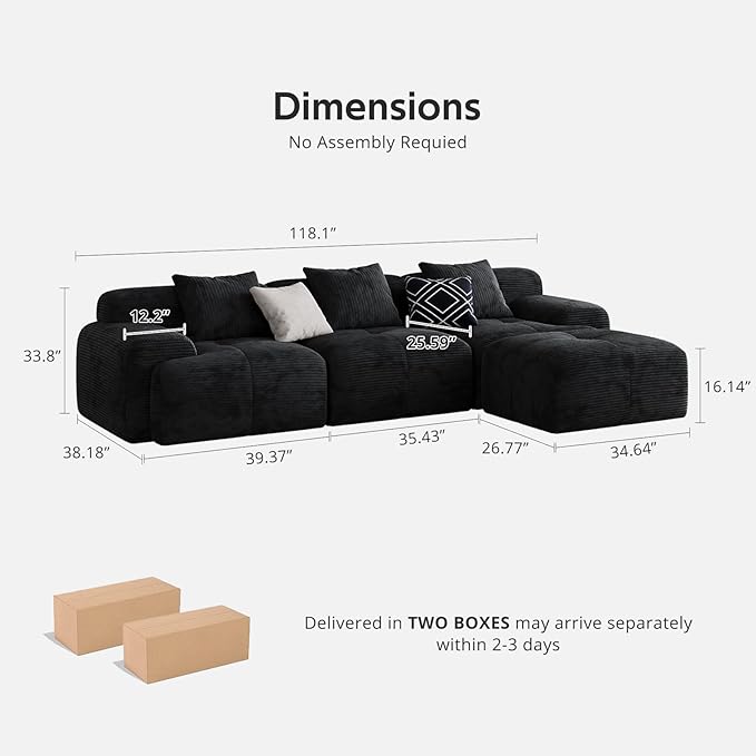 Modern L-Shaped Modular Sectional Sofa for Living Room，Oversized 3-Seater Couch with Deep Seat and Movable Ottoman – No Assembly,Comfortable Suede Fabric Boneless Sofa (Black)