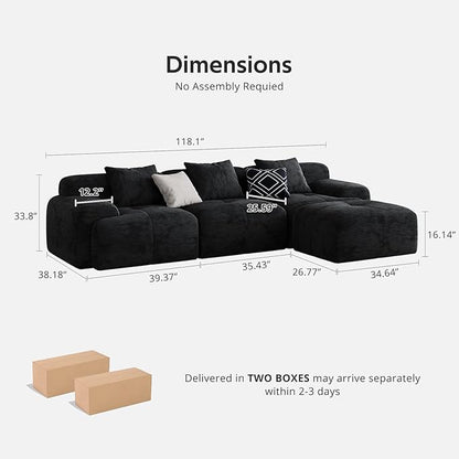 Modern L-Shaped Modular Sectional Sofa for Living Room，Oversized 3-Seater Couch with Deep Seat and Movable Ottoman – No Assembly,Comfortable Suede Fabric Boneless Sofa (Black)
