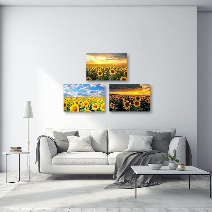 CCWACPP Sunflower Canvas Wall Art 3 Panels Sunflower Floral Field Sunset Pictures Yellow Flower Print Painting Large Living Room Decor Frame (Sunflower - 2, 24x36inchx3Pcs)