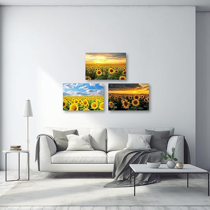 CCWACPP Sunflower Canvas Wall Art 3 Panels Sunflower Floral Field Sunset Pictures Yellow Flower Print Painting Large Living Room Decor Frame (Sunflower - 2, 12x16inchx3Pcs)