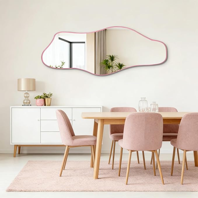 Large Irregular Mirror, 60"x24" Pink Asymmetrical Tempered Glass Mirror, Modern Organic Shape Frameless Mirrors for Living Room Bedroom Hallway Entryway, Horizontal or Vertical Hanging