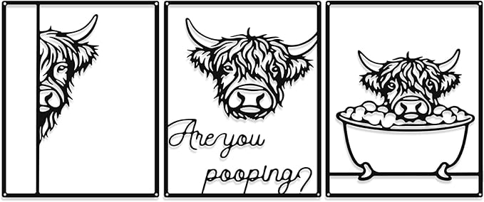 Otoolling 3 Pieces Metal Minimalist Line Kitchen Signs Wall Decor Drawing Rustic Bathroom Wall Art for Dining Living Room Bathroom Home, 14 x 11 Inches(Highland Cow,Black)