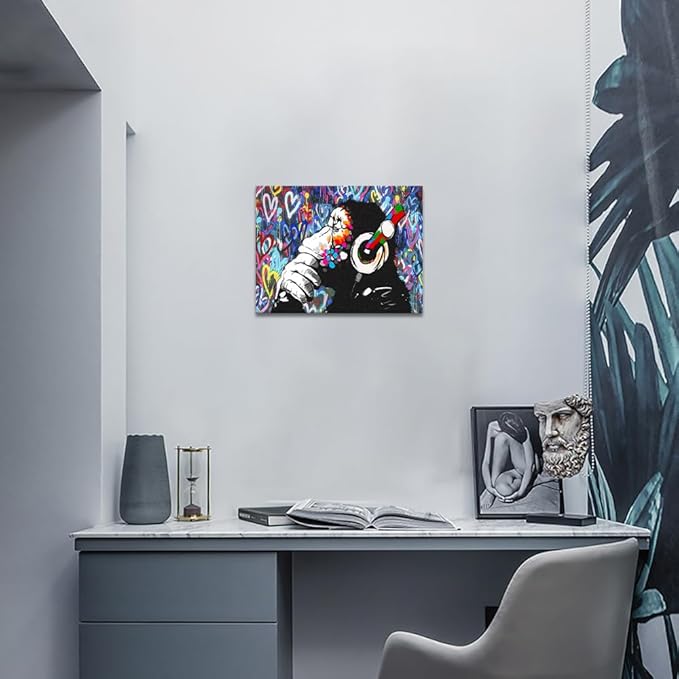Graffiti Home Decor Music Canvas Wall Art Thinking Monkey Picture Artwork Framed Colorful Canvas Prints Street Art Picture for Living Room Ready to Hang 12x16 inch