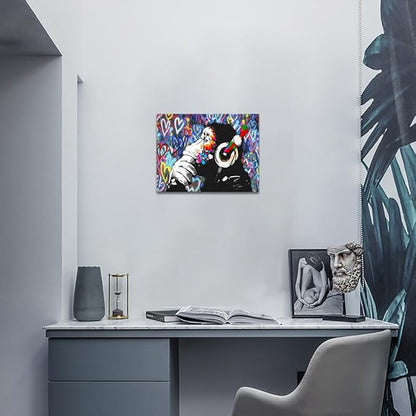 Graffiti Home Decor Music Canvas Wall Art Thinking Monkey Picture Artwork Framed Colorful Canvas Prints Street Art Picture for Living Room Ready to Hang 12x16 inch