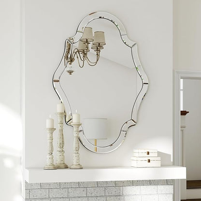 Large Decorative Mirrors, 40"x28" Scalloped Wall Mirror with Elegant Beveled Edges and Mirrored Frame, Irregular Mirror for Dining Room Living Room Bathroom Entryway, Hang Horizontally or Vertically
