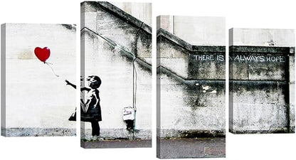 Wieco Art Famous Canvas Paintings Wall Art Banksy Grafitti Girl with Red Balloon Modern Large 4 Piece Inspirational Grey Love Giclee Pictures Print Artwork for Dining Room Kitchen Home Office Decor