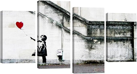 Wieco Art Famous Canvas Paintings Wall Art Banksy Grafitti Girl with Red Balloon Modern Large 4 Piece Inspirational Grey Love Giclee Pictures Print Artwork for Dining Room Kitchen Home Office Decor
