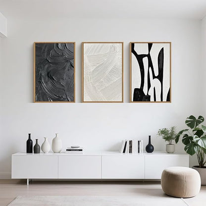 Black and White Abstract Framed Canvas Wall Art Set, Modern Textured Brushstroke Wall Decor,Neutral Minimalist Line Art Print for Living Room,Bedroom,Dining Room, Office-16 x24 x3