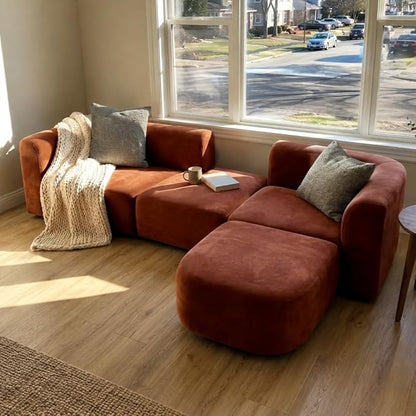Acanva Luxury Modern Tight Curved Back Velvet Sofa, Minimalist Style Comfy Couch for Living Room Apartment, 4 Seater Modular Sectional, Tangerine