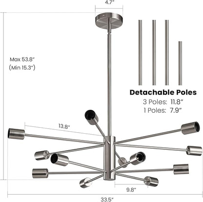 RUIYEY Modern Sputnik Chandeliers Light, 12 Lights Brushed Nickel Dining Room Chandelier Over Table, Height Adjustable Industrial Semi Flush Mount Mid Century Chandelier for Kitchen Island Living Room