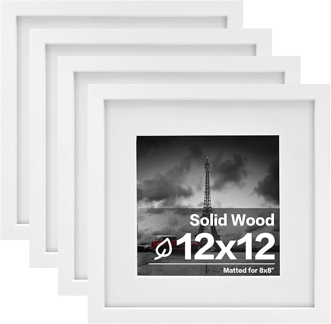 Egofine 12x12 Picture Frames White, Wood Frames with HD Plexiglass for Pictures 8x8 with Mat or 12x12 without Mat, Wall Mounting Display, Set of 4