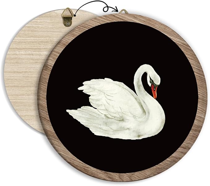Vintage Swan Hanging Wall Decor, Lone Holy Swan Round Wooden Wall Art, Vintage Aesthetic Artwork Rustic Western Boho Decorations for Apartment Home Living Room Bedroom Bathroom Kitchen Office, 09