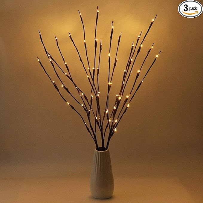 Fantasee 3 Pack 76cm 60 LED Branch Twig Light Tree Light Flexible Branch Decoration Lights for Indoor Home Shop Windows Vase Table Living Room, 5 Colors Available (Warm White)